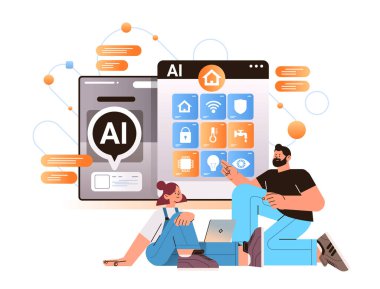 İnsanlar ev otomasyon asistanı bilgisayar uygulaması kullanırken ai yardımcı robot akıllı ev teknolojisi kavramı yatay vektör ilülasyonu