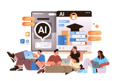 Öğrenciler bilgisayar uygulamasında ai yardımcı bot eğitim asistanı e-öğrenme konsepti yatay vektör çizimi ile çevrimiçi öğreniyor