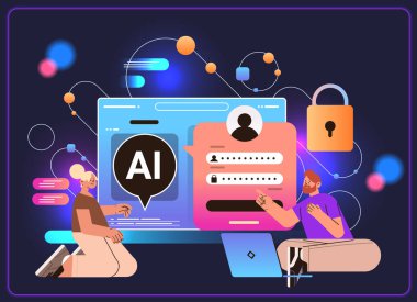 İnsanlar kişisel verileri ai bot yardımcı şifre gücü analizi ile güvence altına alır ve korur. Yapay zeka teknolojisi konsepti yatay vektör çizimi