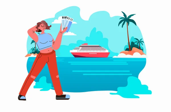 Jeune Femme Touriste Tenant Des Billets Vacances Été Temps Voyage — Image vectorielle