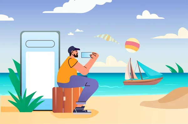 熱帯のビーチでスマートフォンを使う旅行者夏休みの時間旅行のコンセプト水平方向の海の背景ベクトル図 — ストックベクタ