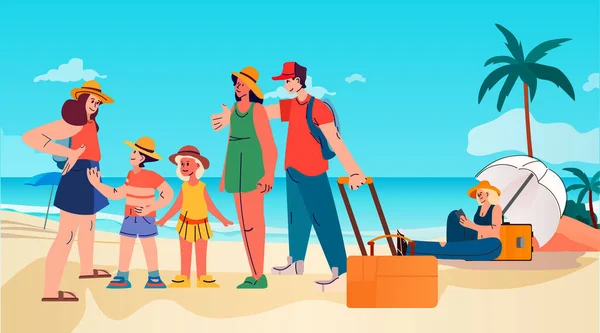 子供と一緒に熱帯のビーチで一緒に立って荷物を持つ幸せな家族夏休みの時間コンセプトベクトルイラストを旅行する — ストックベクタ