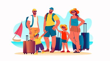 Çocuklar ve bavullarla turist grubu yaz tatili tatilinde konsept yatay vektör illüstrasyonunda yan yana duruyorlar.