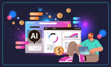 Profesyonel finans danışmanı, ai yardımcı bot yatırım para yönetimi planlama konsepti yatay vektör illüstrasyonu ile bilgisayar uygulamasında danışmanlık yapıyor