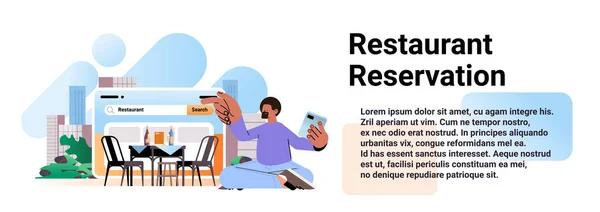 Man Using Smartphone Restaurant Word Search Bar Food Online Restaurant — Stock Vector
