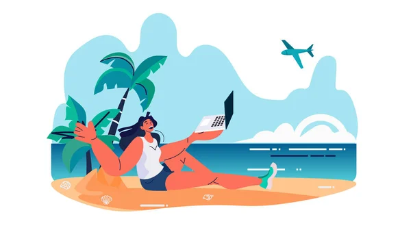 Young Woman Freelancer Using Laptop Tropical Beach Summer Vacation Holiday — Stock Vector