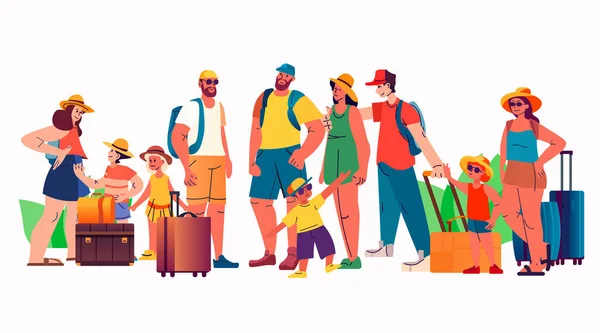 Ομάδα Τουριστών Παιδιά Και Τις Αποσκευές Στέκεται Μαζί Καλοκαιρινές Διακοπές — Διανυσματικό Αρχείο