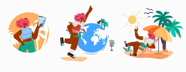 установить туристам с паспортными билетами и багажом летние каникулы время для путешествия концепции горизонтальной векторной иллюстрации