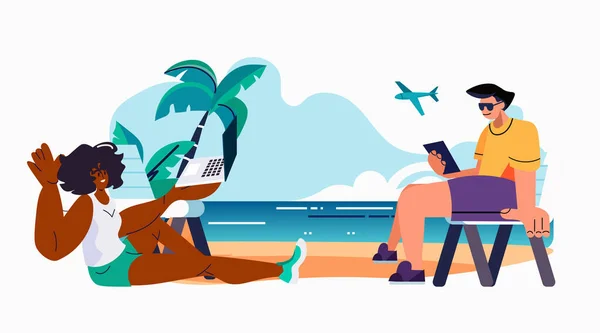 Freelancerzy Para Pomocą Laptopa Tropikalnej Plaży Wakacje Wakacje Czas Podróży — Wektor stockowy