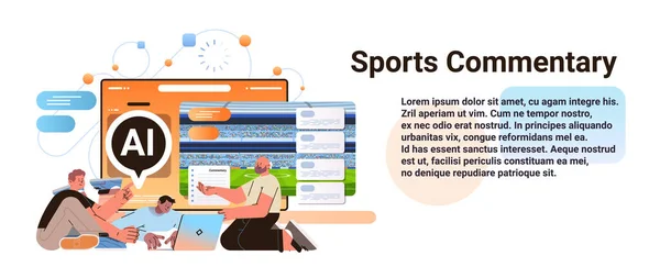 Άνδρες Σχολιάζοντας Αθλητικές Εκδηλώσεις Helper Bot Αθλητικό Σχολιασμό Informational Broadcast — Διανυσματικό Αρχείο