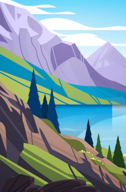 Dağlardaki gölün panoramik görüntüsü azgın dağ nehri güzel doğa manzarası yaz tatili seyahat konsepti dikey vektör çizimi