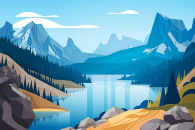 Dağlardaki gölün panoramik görüntüsü azgın dağ nehri güzel doğa manzarası yaz tatili seyahat kavramı yatay vektör çizimi