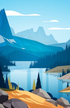 Dağlardaki gölün panoramik görüntüsü azgın dağ nehri güzel doğa manzarası yaz tatili seyahat konsepti dikey vektör çizimi