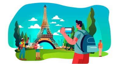 Turistler, tatil gezilerinde, şehir simgelerinin önünde fotoğraf çekiyorlar yaz turu konsepti yatay vektör illüstrasyonunda insanlar