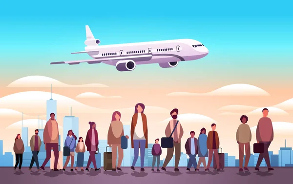Μείγμα Ταξιδιώτες Αγώνα Αποσκευές Δείτε Την Πτήση Αεροπλάνο Στο Αεροδρόμιο — Διανυσματικό Αρχείο