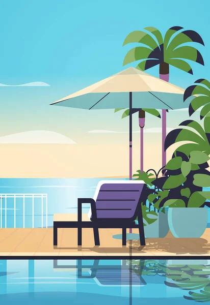 トロピカルラグジュアリーリゾートホテルビーチスイミングプールとプールサイドのシーティングエリア夏休みのコンセプト海辺の背景垂直ベクトルイラスト — ストックベクタ