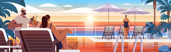 People Relaxing Tropical Luxury Resort Hotel Beach Swimming Pool Poolside — Stock Vector
