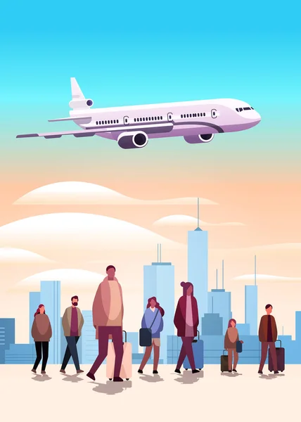 Misturar Corrida Viajantes Com Bagagem Ver Avião Voo Aeroporto Avião — Vetor de Stock