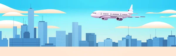 Avião Voando Céu Sobre Paisagem Urbana Viajar Avião Férias Aventura — Vetor de Stock