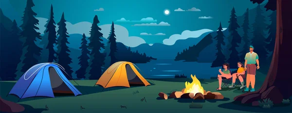 People Tent Camping Area Campfire Night Campsite Summer Camp Travel — Stock Vector