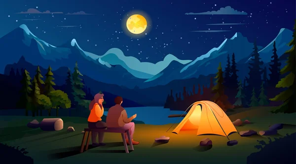 テントキャンプ場の近くに座っているカップルサマーキャンプ旅行休暇のコンセプト山風景背景水平方向のベクトルイラスト — ストックベクタ