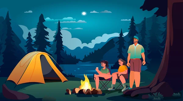 帐篷营区附近的人篝火之夜营地夏令营度假概念山水背景横向矢量图解 — 图库矢量图片