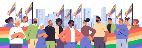 Mezcla Raza Personas Con Lgbt Arco Iris Banderas Gay Lesbianas — Vector de stock