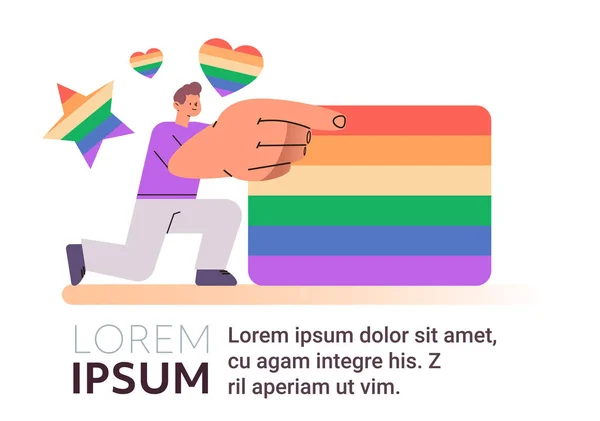 Mann Zeigt Auf Lgbt Regenbogenfahne Homosexuell Lesbisch Love Parade Stolz — Stockvektor