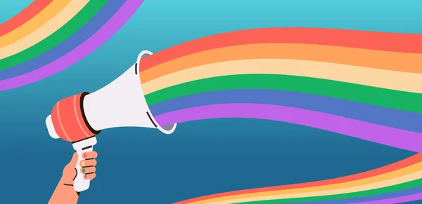 Mänsklig Hand Håller Högtalare Megafon Med Lgbt Regnbåge Flagga Homosexuell — Stock vektor