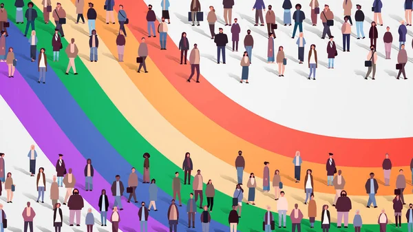 Mischung Rasse Menschen Menge Stehen Zusammen Auf Lgbt Regenbogenfahne Homosexuell — Stockvektor