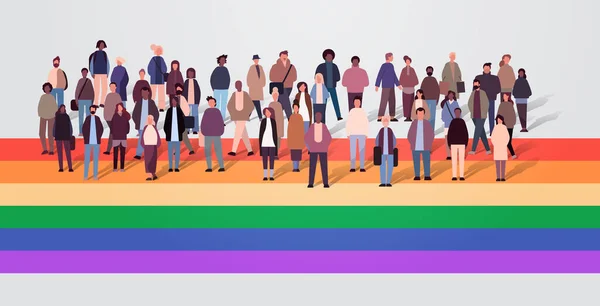 Mix Race People Crowd Standing Together Lgbt Rainbow Flag Gay - Stok Vektor