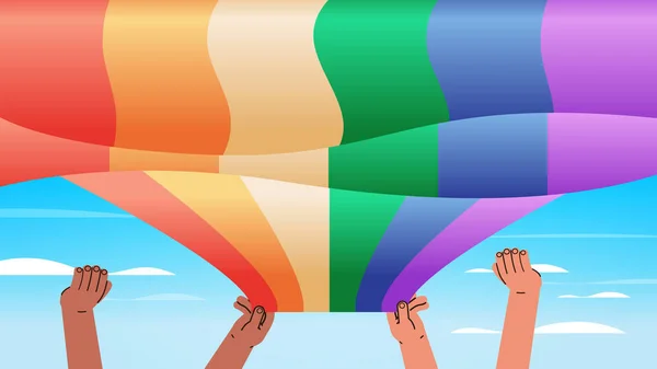 Podniesione Ręce Gospodarstwa Lgbt Tęcza Flaga Gej Lesbijki Miłość Parada — Wektor stockowy