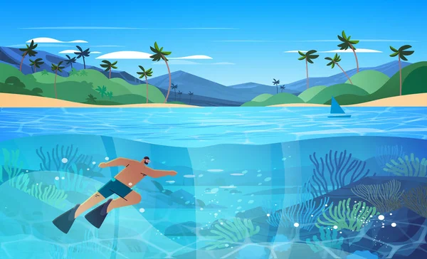 游客在海里或海里游泳 观赏带鱼和珊瑚礁的海洋动物水下娱乐活动暑假概念水平矢量图 — 图库矢量图片