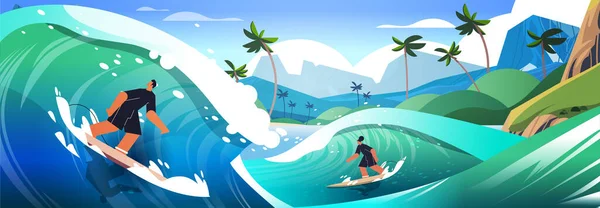 男子穿泳衣乘冲浪板乘海浪冲浪运动暑期活动概念海滨景观背景水平线矢量图 — 图库矢量图片