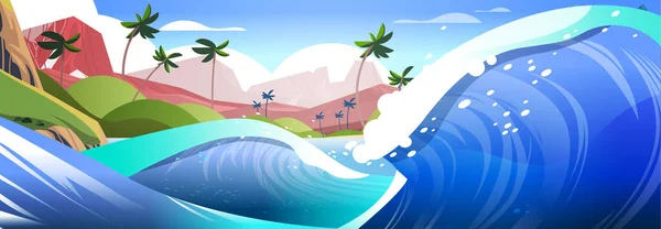 Große Meeres Oder Ozeanwelle Mit Tropischer Insel Hintergrund Sommerurlaub Konzept — Stockvektor