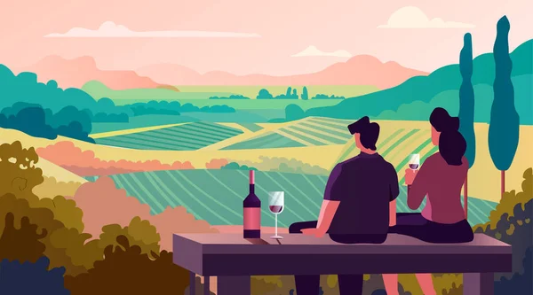 緑の牧草地の景色を楽しみながらワインを飲むカップル 自然観光旅行アドベンチャーコンセプト水平ベクトルイラスト — ストックベクタ