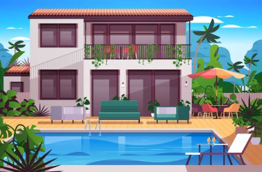 Havuzu ve bahçesi boş olan modern villa hiç kimse tatil evi ya da otel yazlık tatil beldesi konsepti yatay vektör çizimi