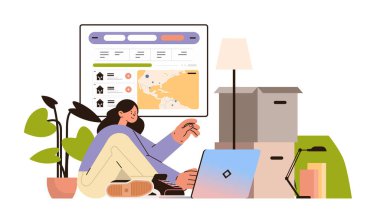 Laptop öğrencisini kullanarak karton kutularla üniversite fen ve eğitim konseptine giden kız yatay vektör çizimi