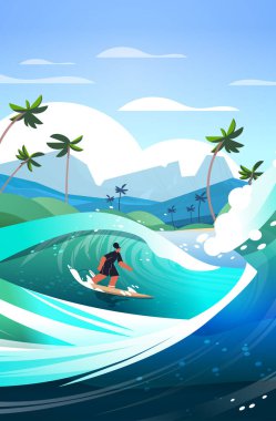 Deniz ya da okyanus dalgaları üzerinde sörf yapan mayo giyen kadın yaz sporları etkinliği konsepti deniz manzarası arka plan dikey vektör çizimi