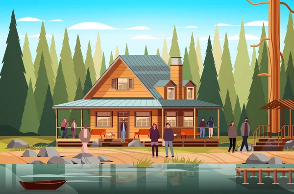 People Resting Lake Wooden Holiday House Forest Cottage Trees Suburban — Stock Vector