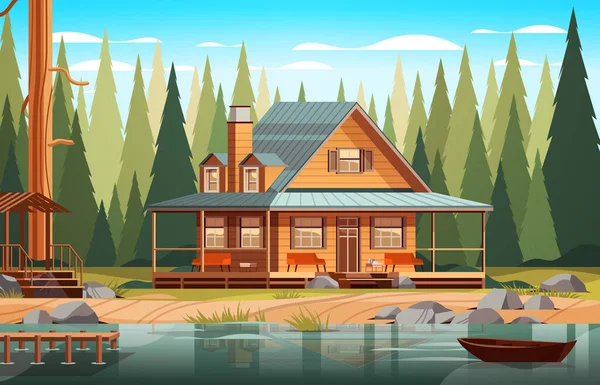 Ξύλινη Εξοχική Κατοικία Κοντά Στη Λίμνη Στο Δάσος Εξοχικό Σπίτι — Διανυσματικό Αρχείο