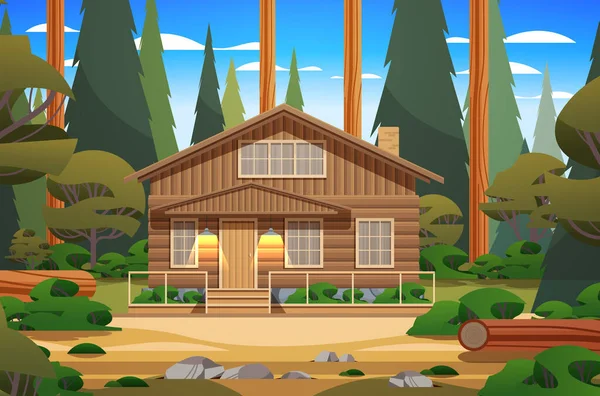 Casa Vacanza Legno Nel Cottage Foresta Tra Gli Alberi Concetto — Vettoriale Stock
