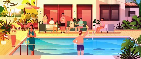 混合种族人群在私人别墅或酒店举行聚会与游泳池快乐的朋友放松在一起暑假的概念水平矢量插图 — 图库矢量图片