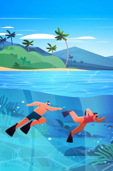Turisták Úszás Tengerben Vagy Óceánban Nézi Tengeri Állatvilág Halak Korallzátony — Stock Vector