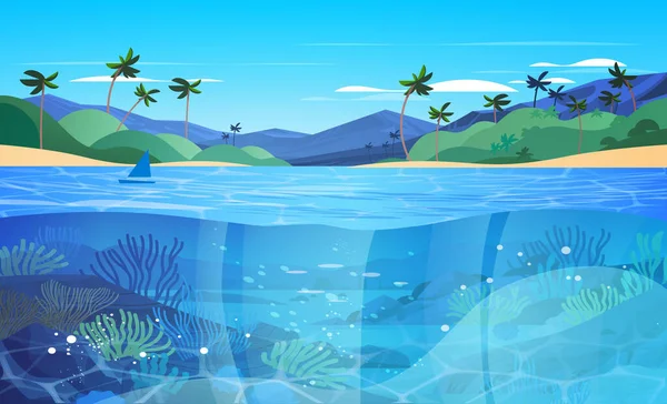 有鱼类和珊瑚礁的海洋或海洋动物水下娱乐活动暑假概念海滨景观背景横向矢量图解 — 图库矢量图片