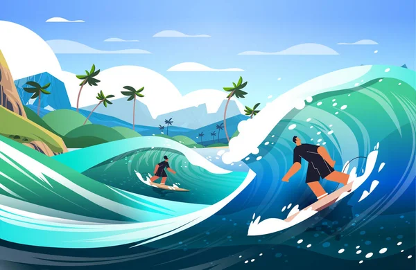 Man Woman Swimwear Riding Surf Boards Sea Ocean Waves Surfing — Stock Vector