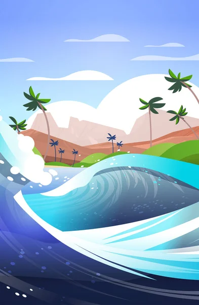 带热带岛屿的大海浪或海浪背景暑假概念垂直矢量图解 — 图库矢量图片
