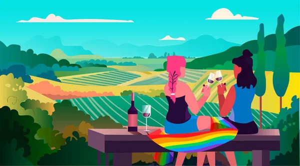 Mädchen Paar Mit Lgbt Regenbogenfahne Wein Trinken Und Blick Auf — Stockvektor