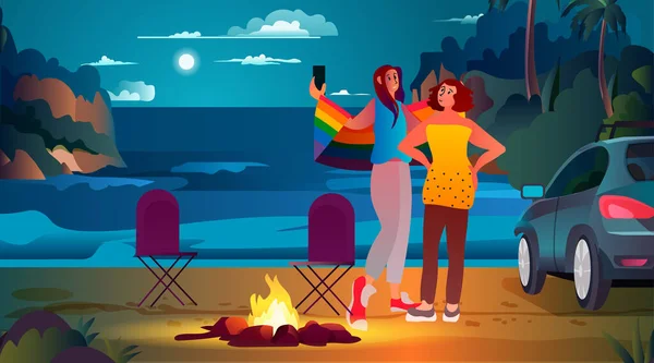 女の子とともにLbt虹旗でビーチナイトパーティー周りキャンプファイアゲイレズビアン愛パレードプライドフェスティバルトランスジェンダー愛の概念水平ベクトルイラスト — ストックベクタ