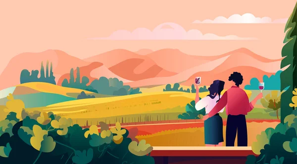 緑の牧草地の景色を楽しみながらワインを飲むカップル 自然観光旅行アドベンチャーコンセプト水平ベクトルイラスト — ストックベクタ